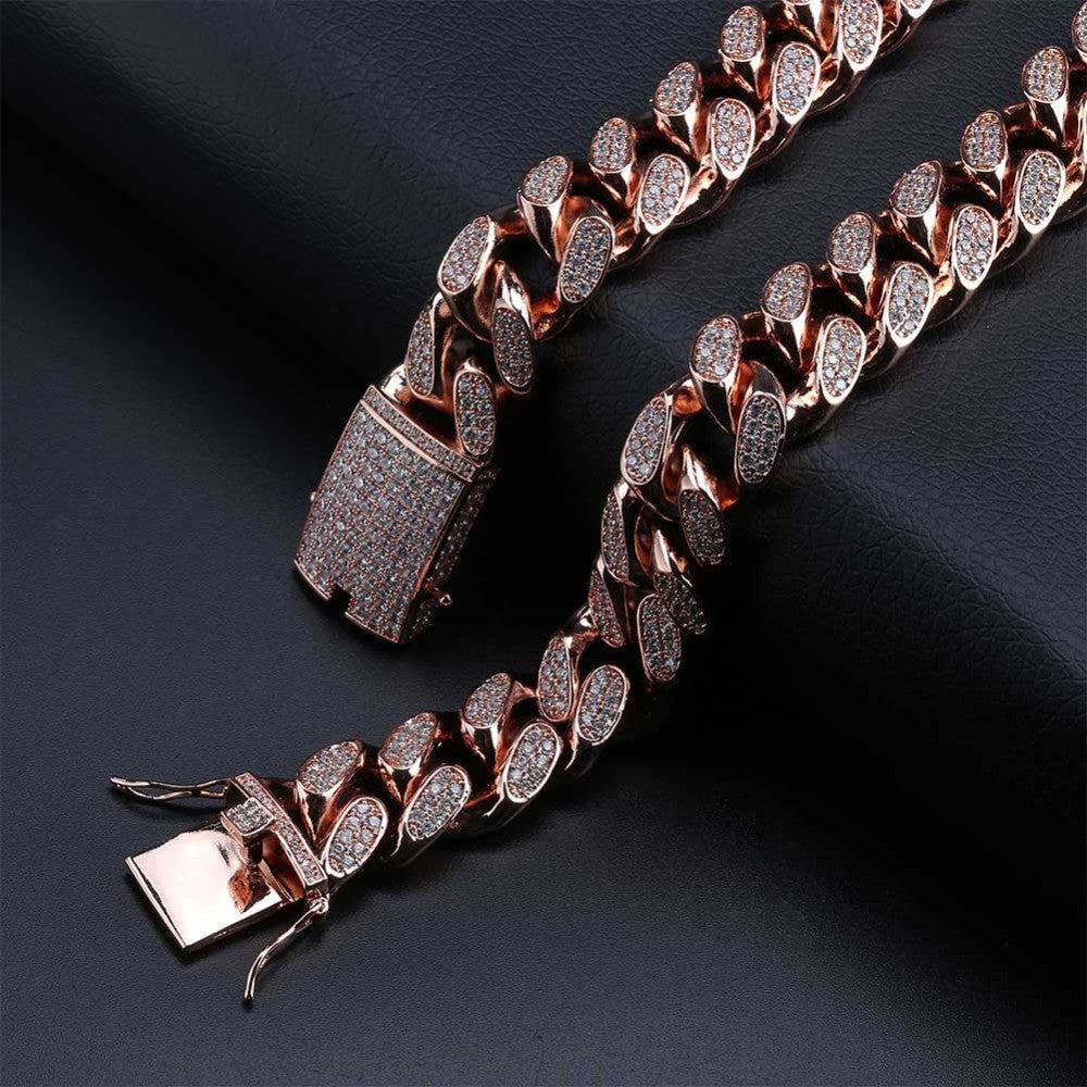 Custom  Men&#39;s 20mm Heavy Link Flooded Ice Rose Gold Miami Cuban Link Chain Necklace