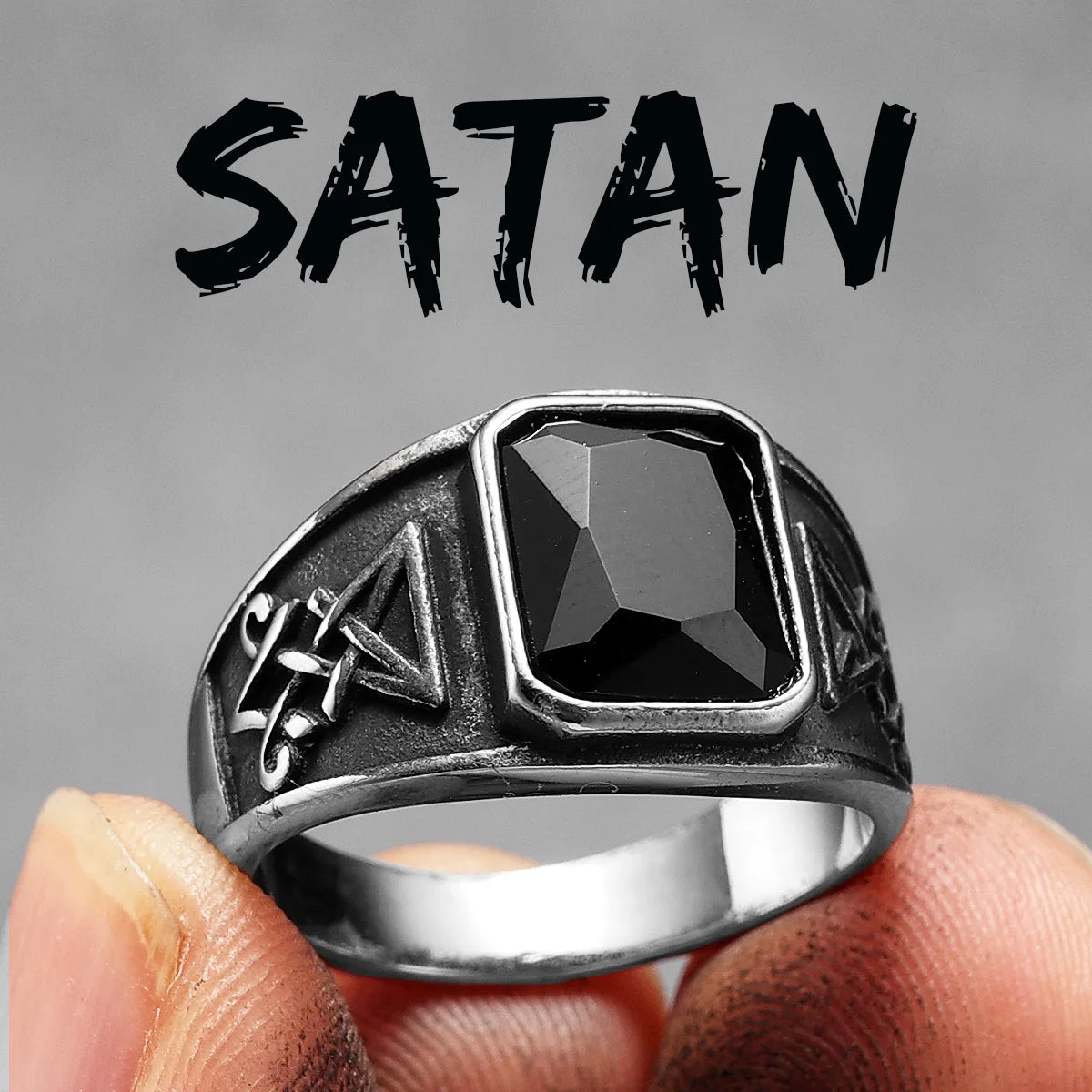 Lucifer Satan | 316L Solid Stainless Steel Black Gem Stone