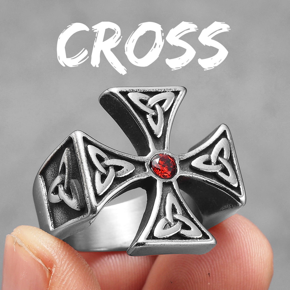 Celtic Knot | No Fade Solid Stainless Steel Biker Cross Red Stone Rings