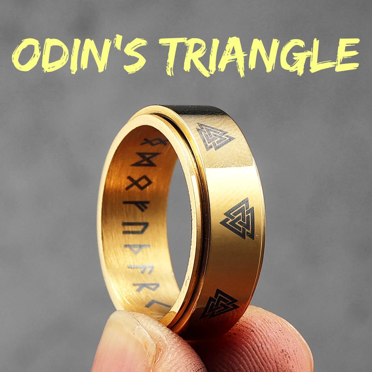Odin's Triangle | 14k Gold Black Silver Rotating  Spinner Men Mythical Rings