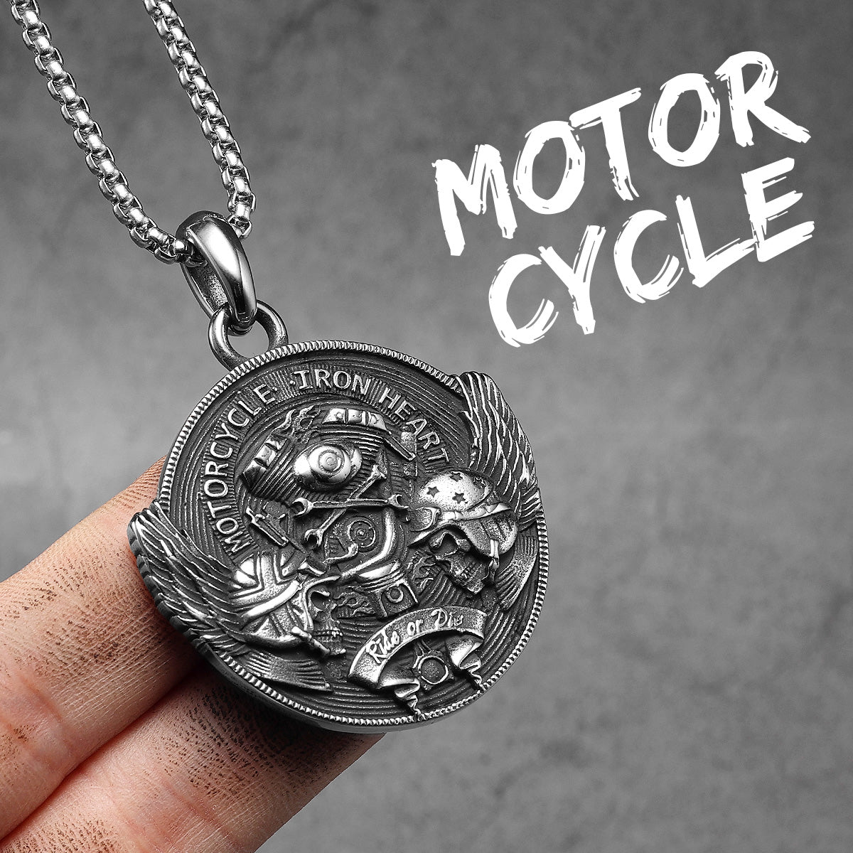 Ride Or Die | Vintage Look Motorcycle Iron Heart Skull Rider Stainless Steel Men Pendant