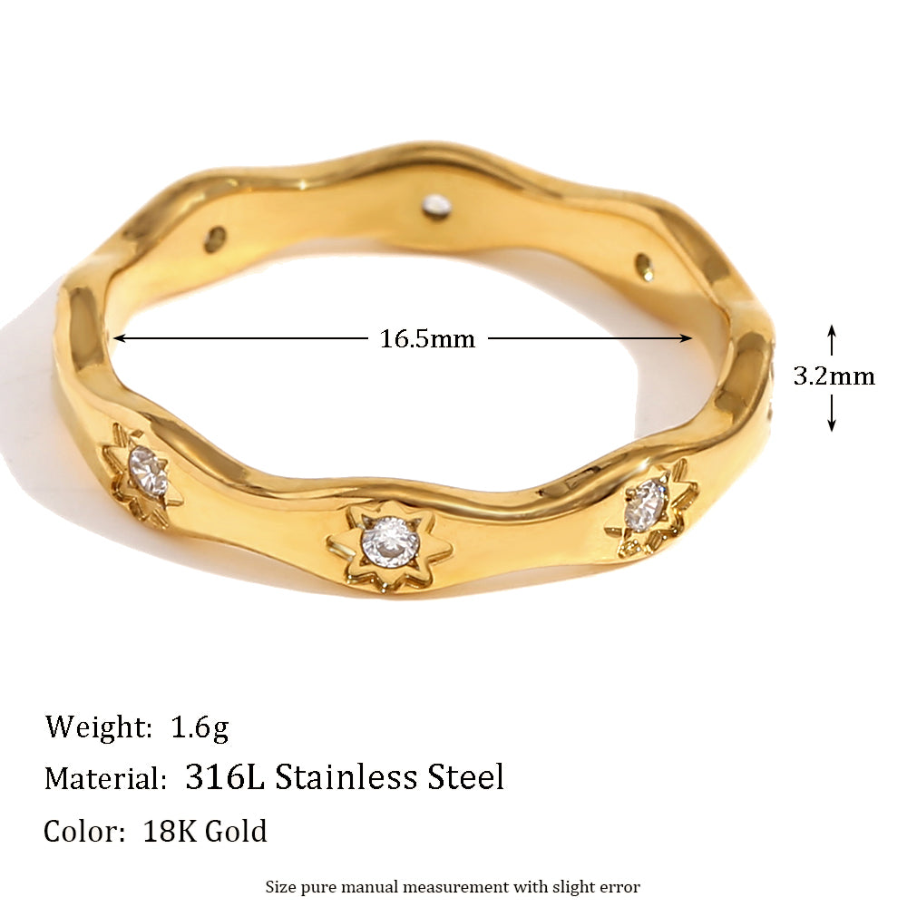 Ladies CZ 18k Gold Solid Stainless Steel Star Wave Stone Everyday Wear Ring