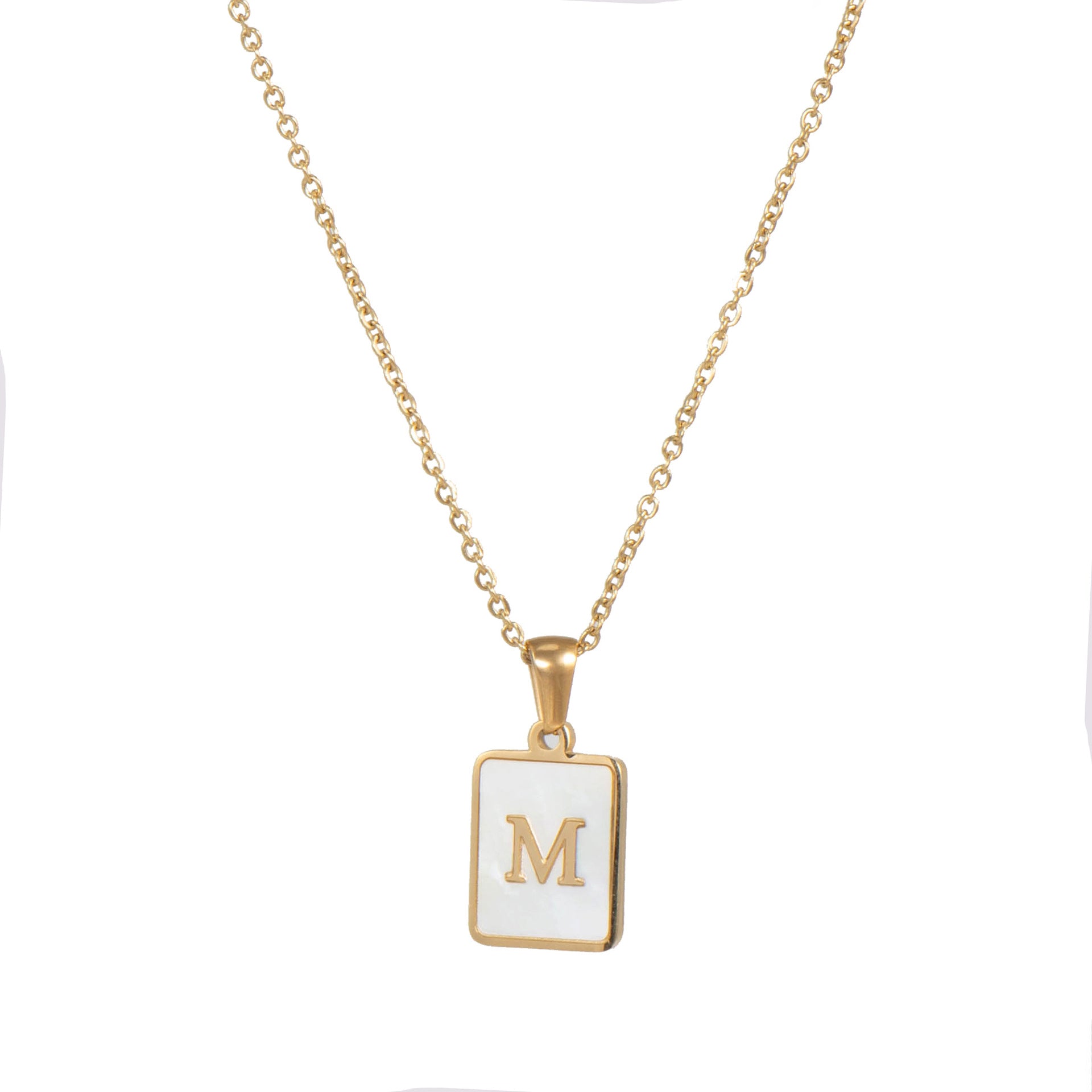 18k Gold Over Stainless Steel Mother of Pearl Shell Tarnish Free Initial Necklace