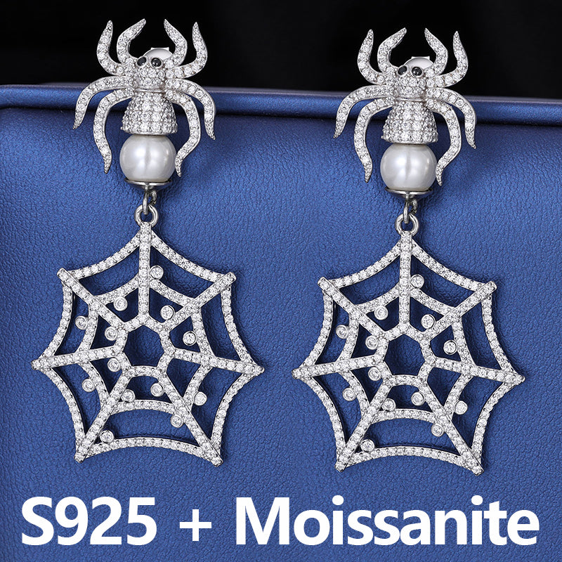 Black widow | Solid 925 Sterling Silver Moissanite Diamond Spider Web Designer Drop Earrings
