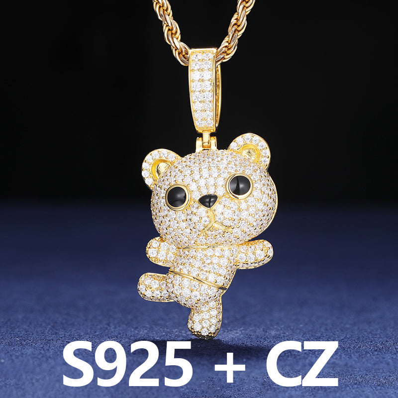 Cuddle Bear | Solid Sterling Silver Moissanite Diamond Iced Teddy Bear Pendant Necklace