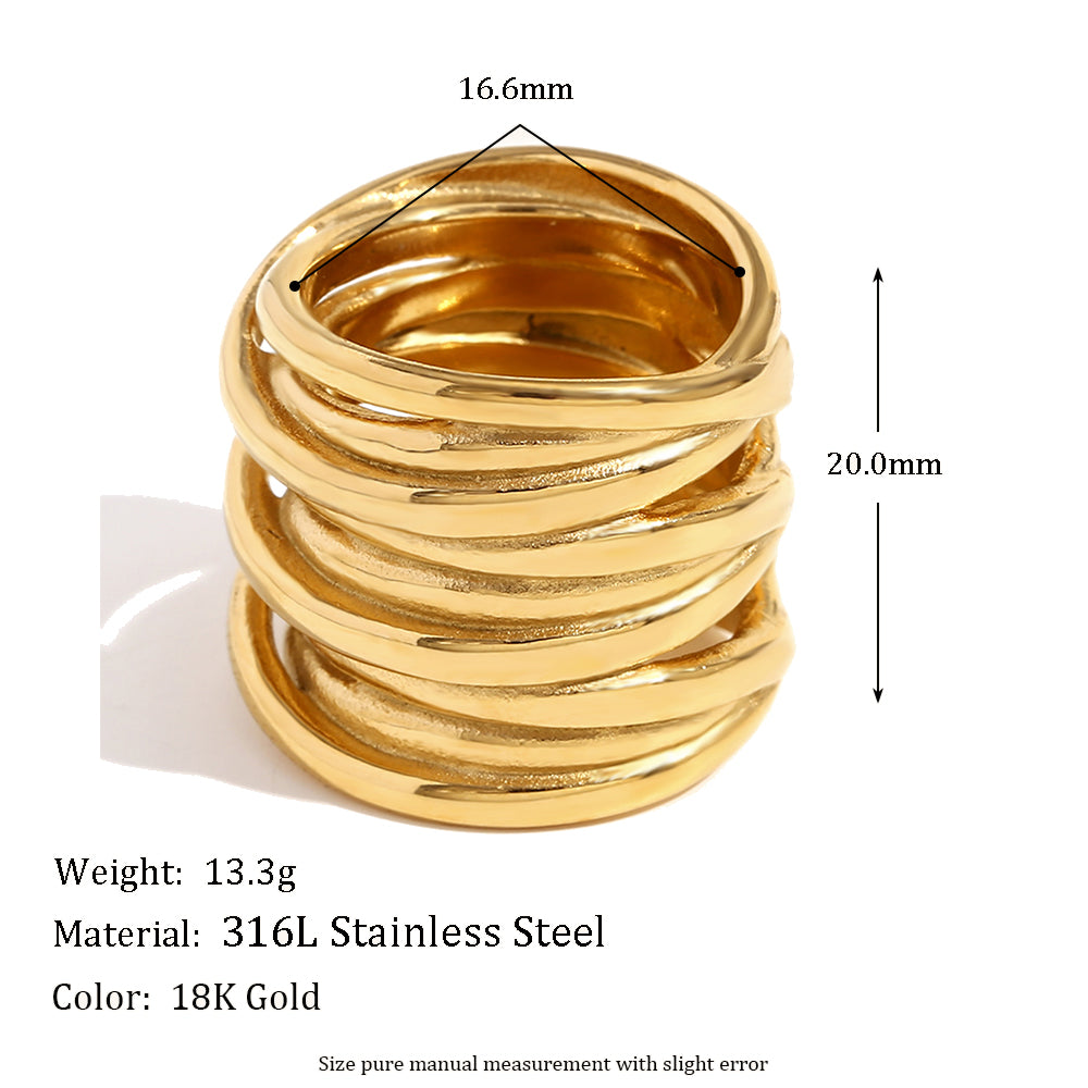 Ladies 18k Gold Silver No Fade Stainless Steel Irregular Woven Winding Waterproof Rings
