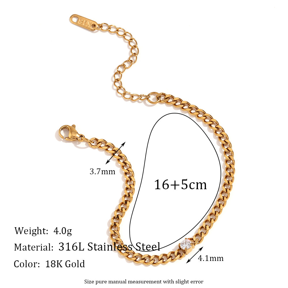 Ladies 18k Gold No Fade Stainless Steel Waterproof Center Stone Bracelet