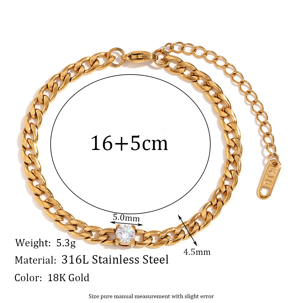 Ladies 18k Gold No Fade Stainless Steel Waterproof Center Stone Bracelet