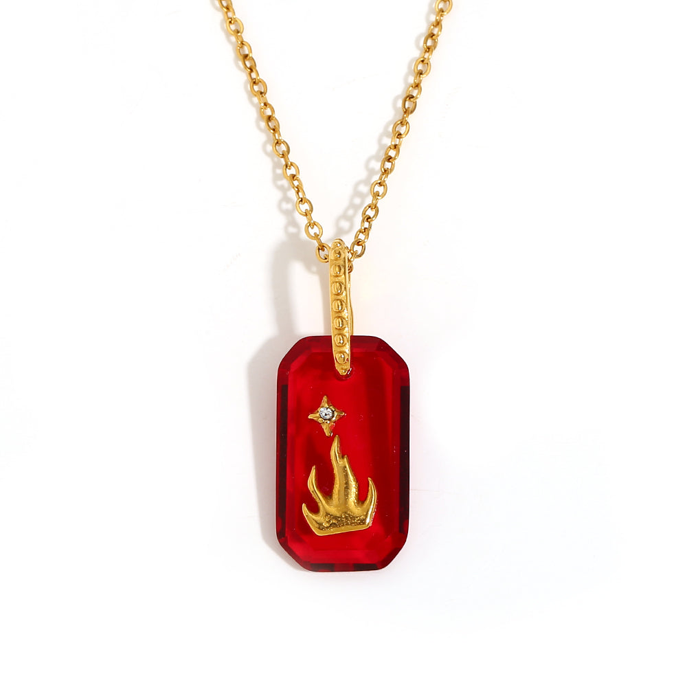 Ladies 18k Gold Stainless Steel Colorful Rectangle Star Lion Pendant No Fade Necklace