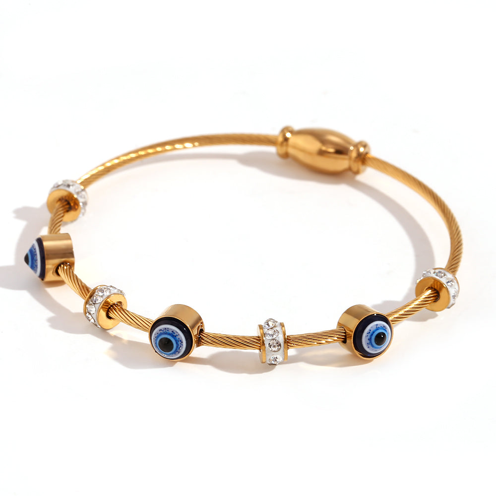 Ladies Waterproof 18k Gold Stainless Steel Shell Demon Eye Blue Eyes Hollow CZ Bracelets