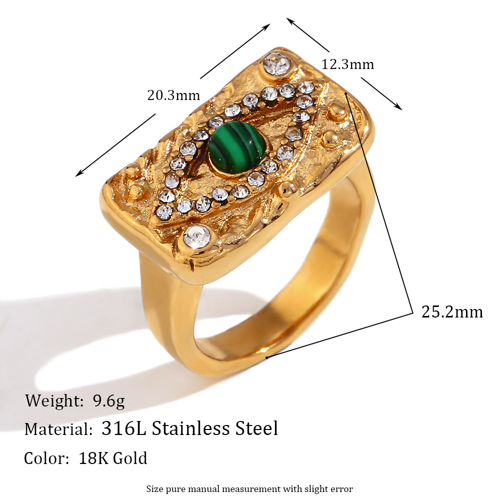 18k Gold Waterproof Malachite Eye CZ Open Bracelet Stainless Steel Ring Bracelet Jewelry Set