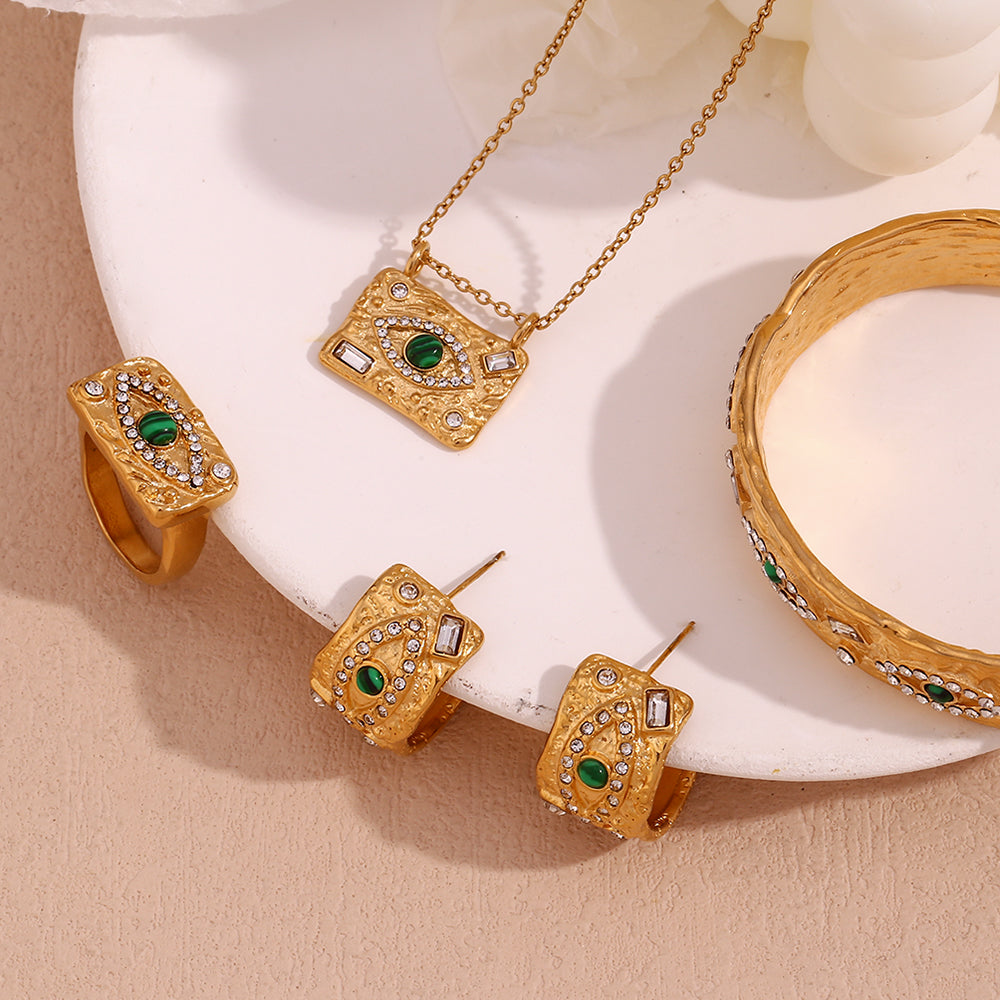 18k Gold Waterproof Malachite Eye CZ Open Bracelet Stainless Steel Ring Bracelet Jewelry Set