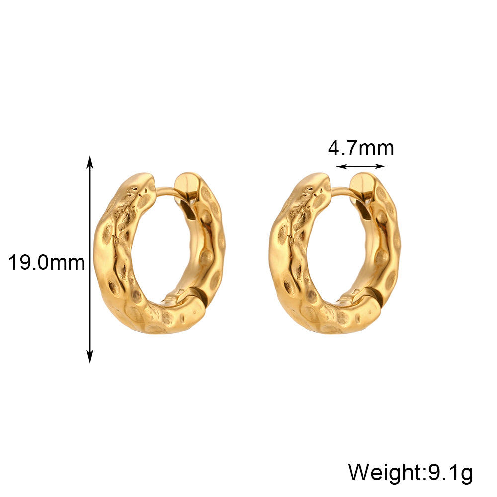 Women's 18k Gold Stainless Steel Waterproof 2 Sizes Chunky Thin Hammered Hoop Earrings