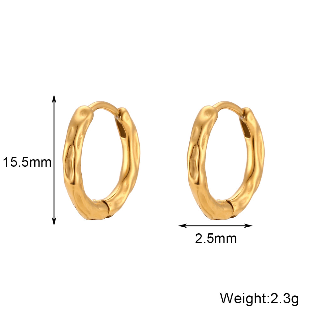 Women's 18k Gold Stainless Steel Waterproof 2 Sizes Chunky Thin Hammered Hoop Earrings