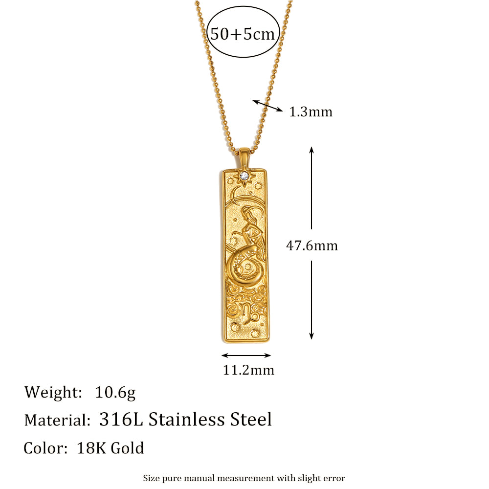 Ladies 18k Gold Waterproof Stainless Steel Rectangle Shape 12 Constellation Pendant Necklace