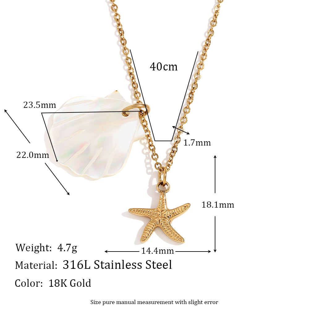 18k Gold Stainless Steel Waterproof Sea Animals Starfish Dolphin Mother Of Pearl Necklaces