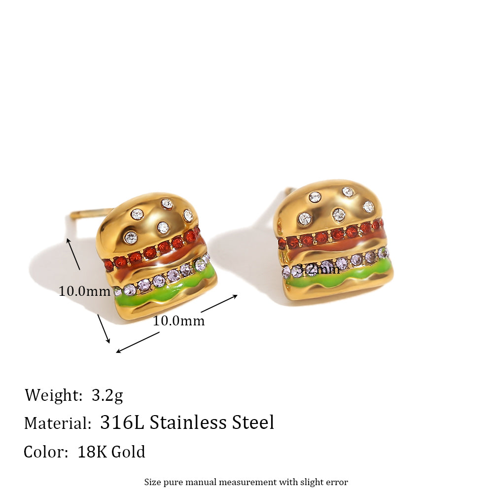 Ladies 18k Gold No Fade Summer Sweet Color Series Sandwich Pizza Ice Cream Earrings