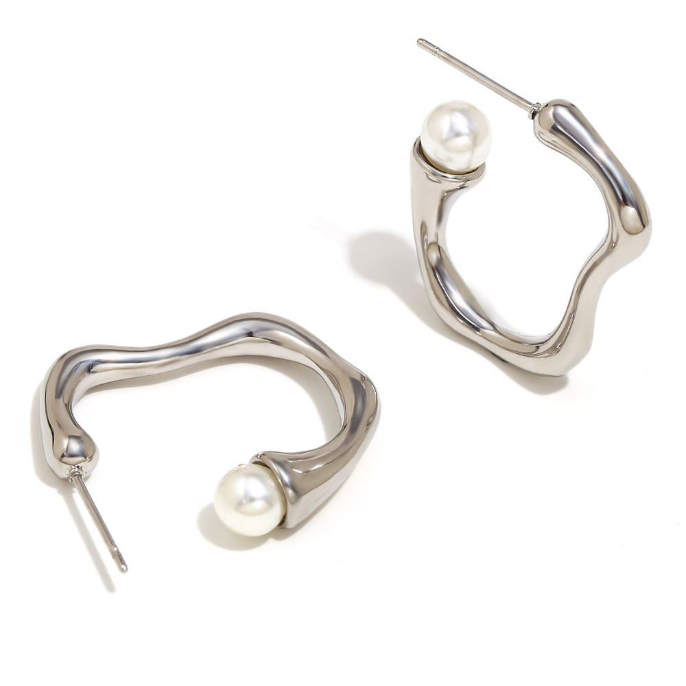Ladies 18k Gold Silver No Fade Stainless Steel Smooth C-shaped Pearl Earrings