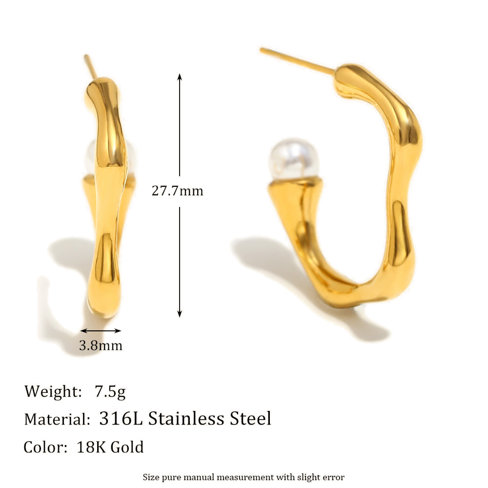 Ladies 18k Gold Silver No Fade Stainless Steel Smooth C-shaped Pearl Earrings