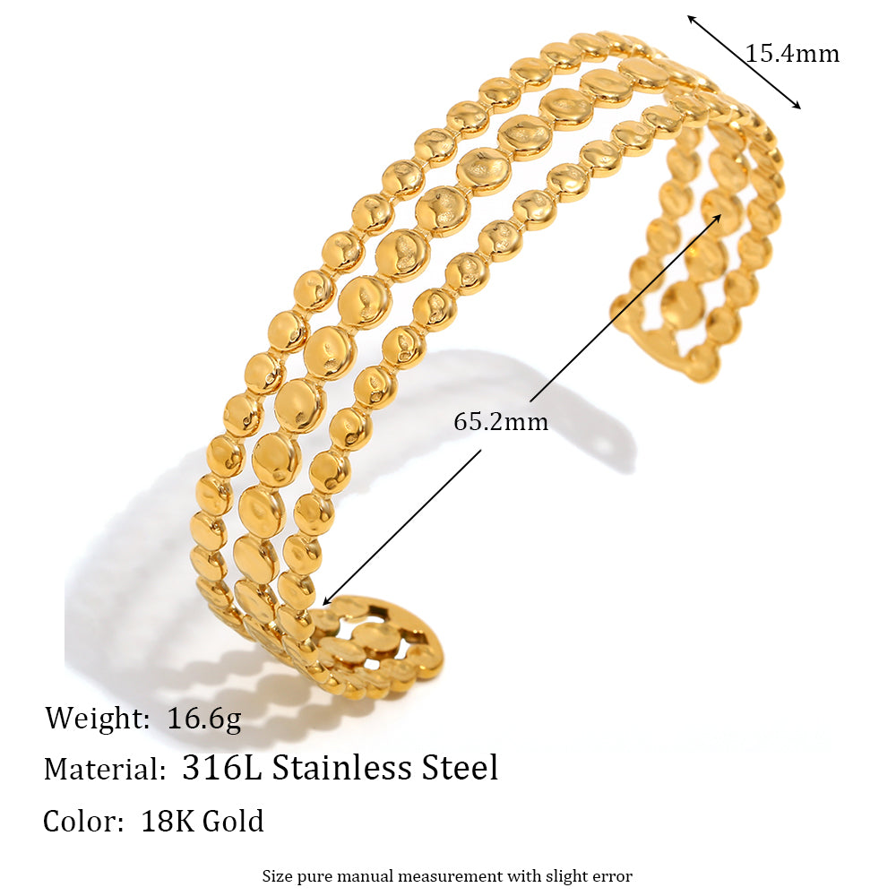 Ladies Classic Style Three Layers Round Cuff 18K Gold Adjustable Waterproof 316L SS Bracelet