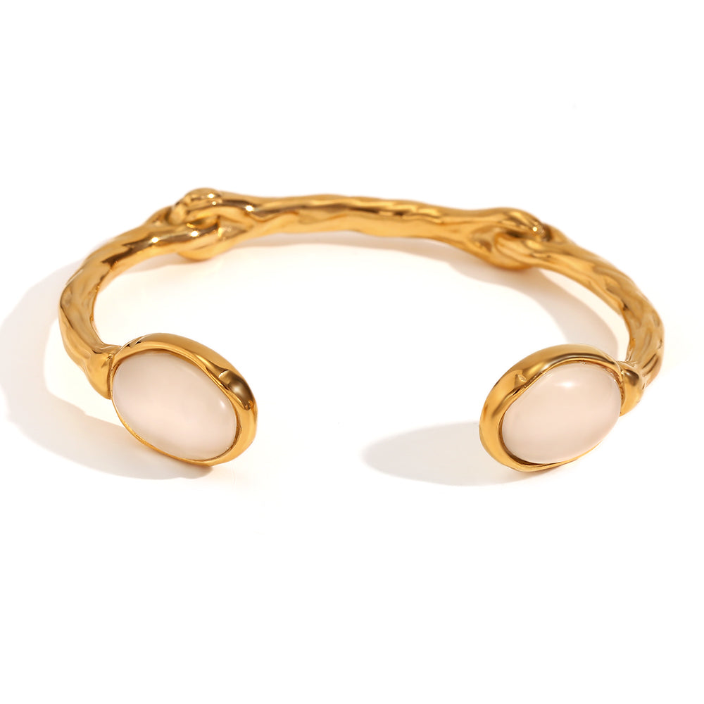 18k Gold Stainless Steel Oval Natural Stone Open Irregular Green Agate Crystal Bracelets