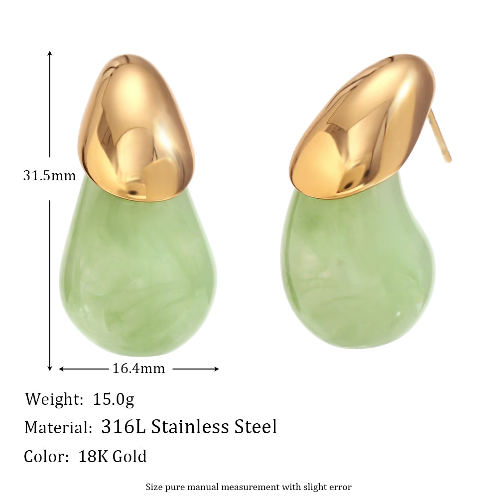 Ladies 18k Gold Waterproof Stainless Steel Summer Style Candy Colored Resin Drop Earrings
