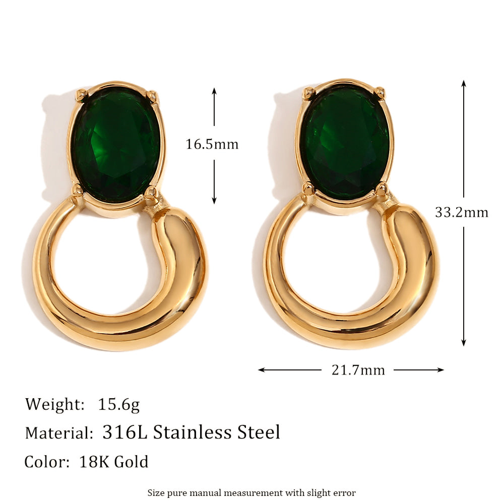 18k Gold Waterproof Oval Shape Green Zircon Classic Stainless Steel Earrings