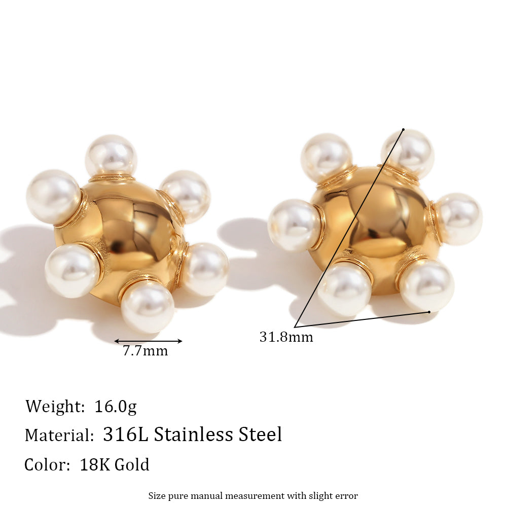 18k Gold Stainless Steel Whirlpool Pentagonal Star Shell Hollow Pearl Earrings