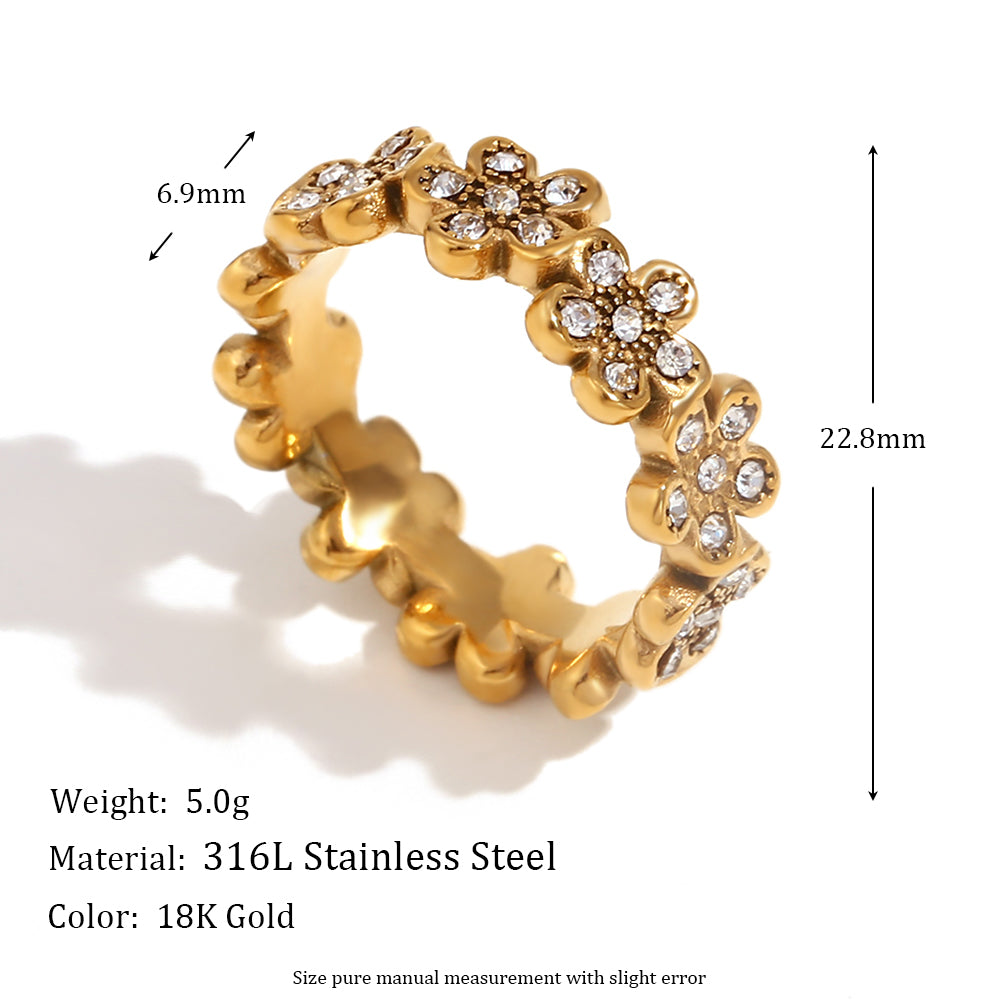 18k Gold Stainless Steel Flower Micro Inlaid Daisy Knot Double Layered Heart Rings