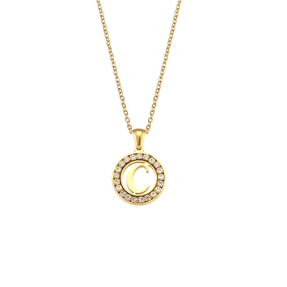 18k Gold Waterproof Hollow Round CZ Paved 26 Alphabet Initial Necklace