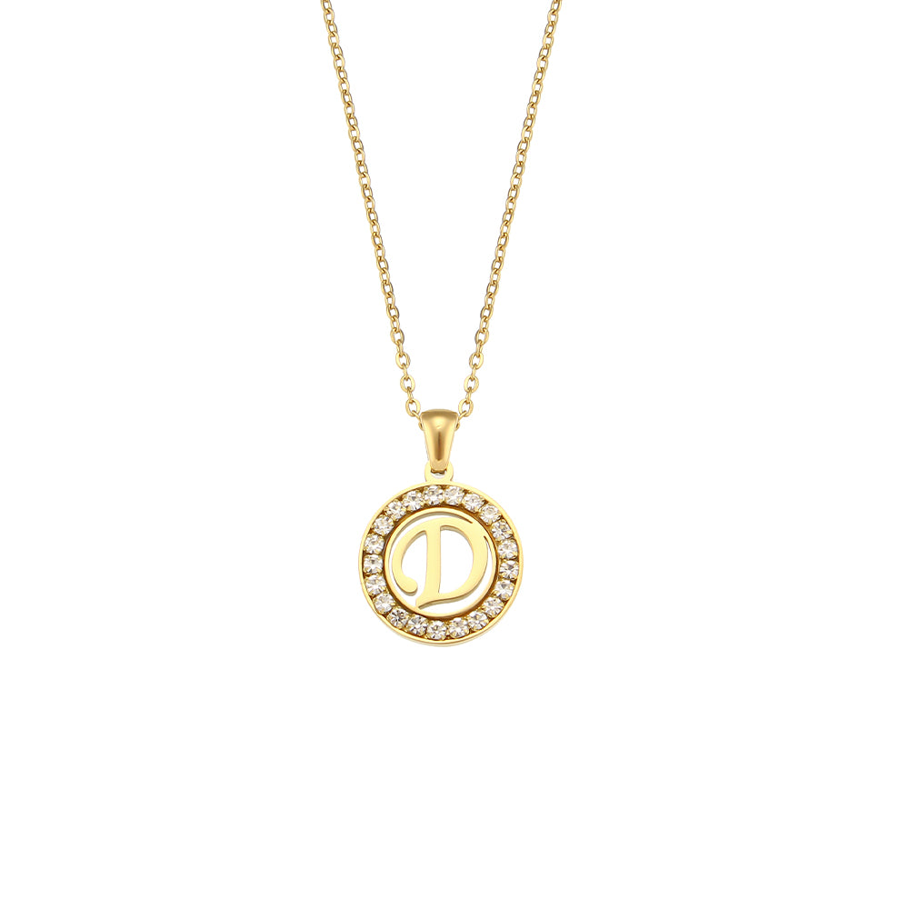 18k Gold Waterproof Hollow Round CZ Paved 26 Alphabet Initial Necklace