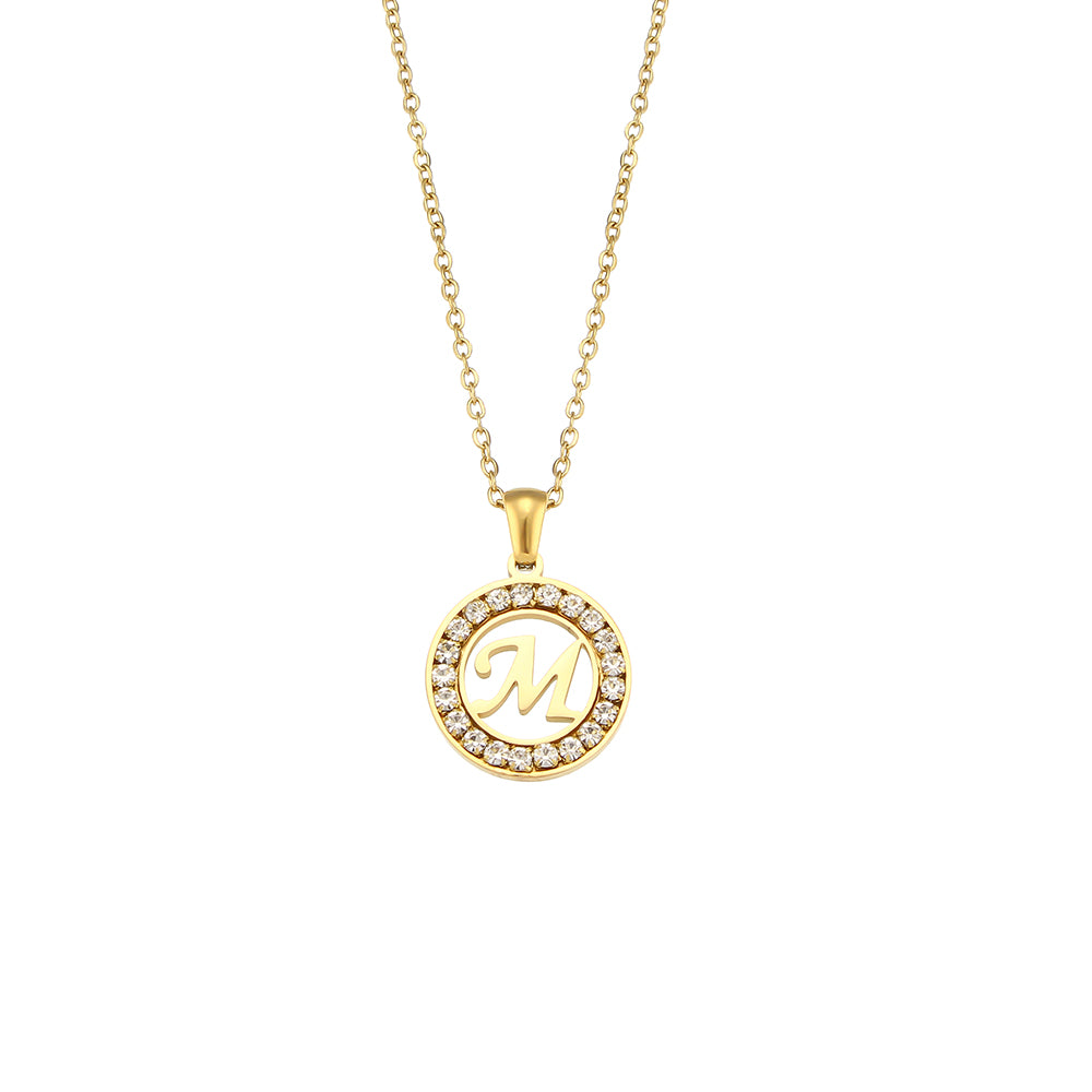 18k Gold Waterproof Hollow Round CZ Paved 26 Alphabet Initial Necklace
