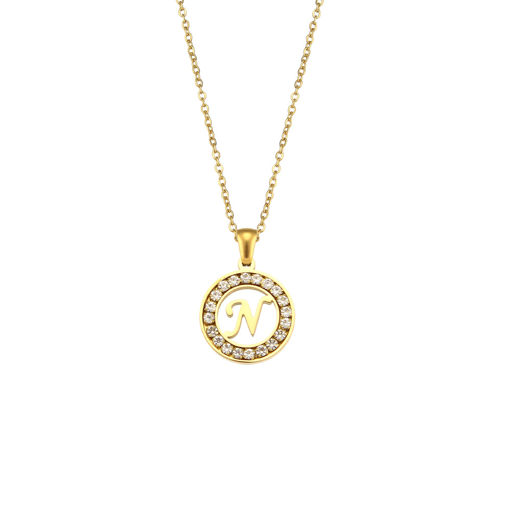 18k Gold Waterproof Hollow Round CZ Paved 26 Alphabet Initial Necklace