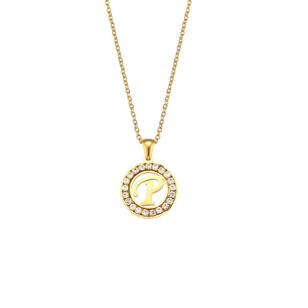 18k Gold Waterproof Hollow Round CZ Paved 26 Alphabet Initial Necklace