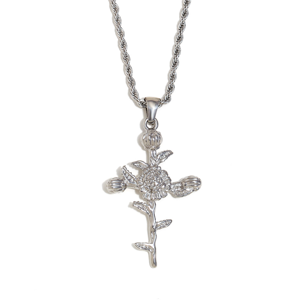 Women's 18k Gold Waterproof Designer Birth Month Flower Cross Tarnish Free Necklace