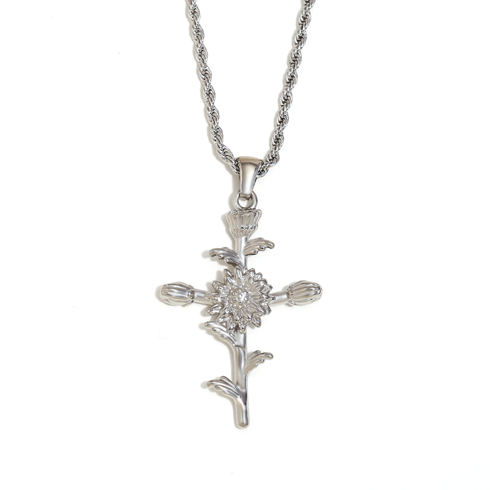 Women's 18k Gold Waterproof Designer Birth Month Flower Cross Tarnish Free Necklace