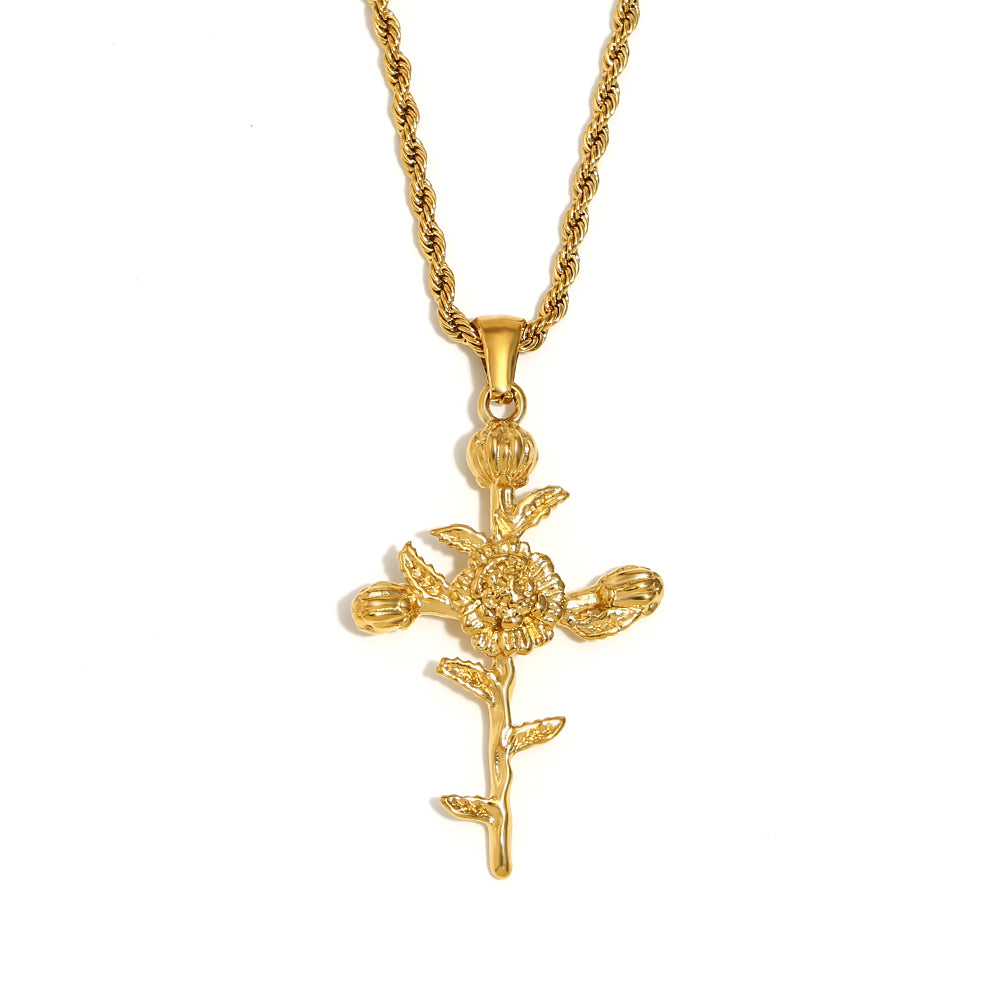 Women's 18k Gold Waterproof Designer Birth Month Flower Cross Tarnish Free Necklace