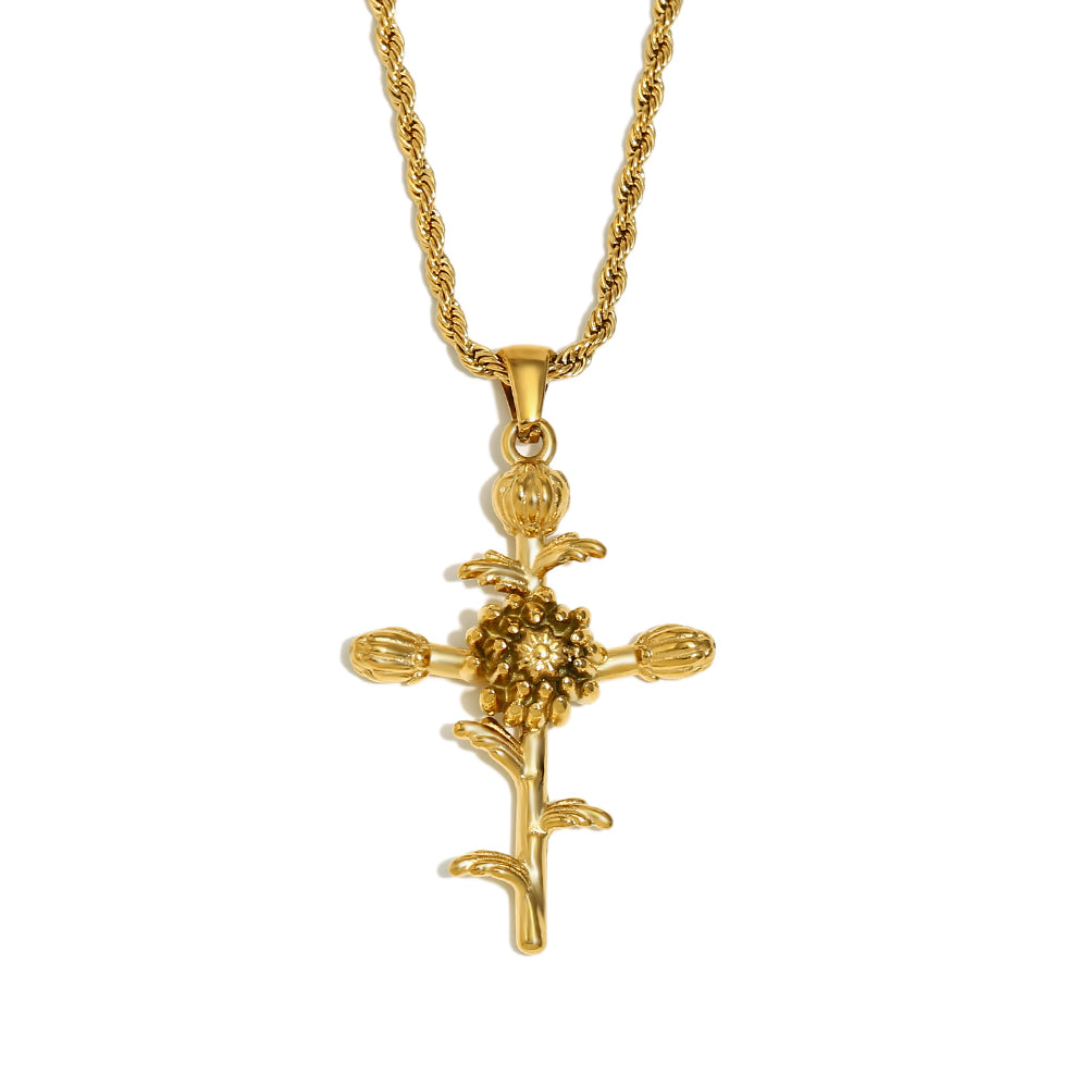 Women's 18k Gold Waterproof Designer Birth Month Flower Cross Tarnish Free Necklace