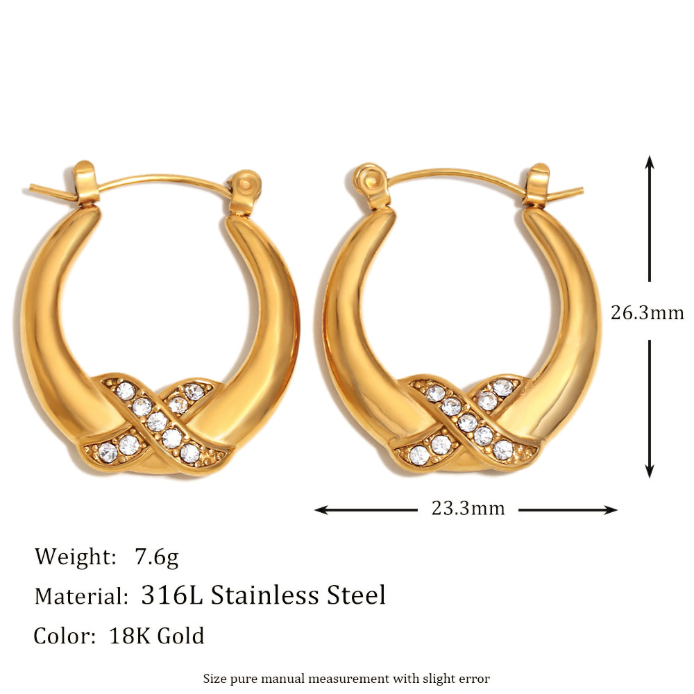 18k Gold Stainless Steel Designer Luxury Crossing X Rhinestone Hoop Bling Earrings