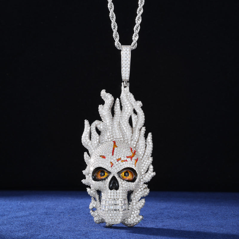 Fire Skull | Solid Sterling Silver VVS Diamond Moissante Hip Hop Pendant