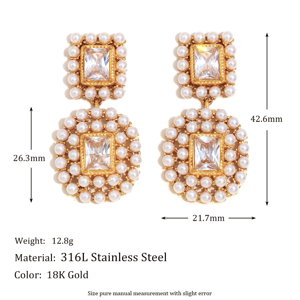 Ladies 18K Gold Waterproof Stainless Steel Luxury Square Zircon Full Pearl Stud Earrings