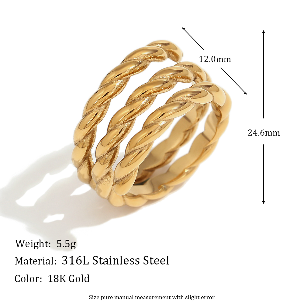 18k Gold Three Layers Twisted Opening Stainless Steel Tarnish Free Bling Ring