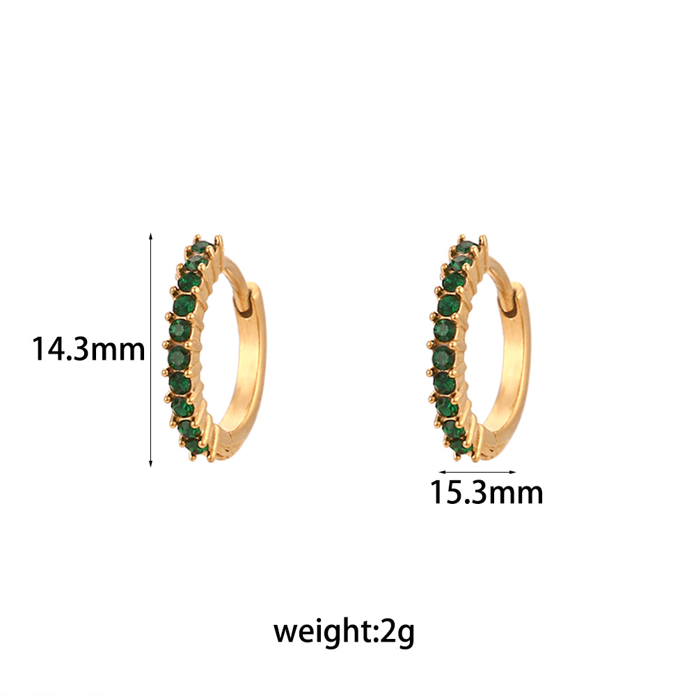 18k Gold over Stianless Steel Waterproof Green Round CZ Paved Huggie Hoop Earrings