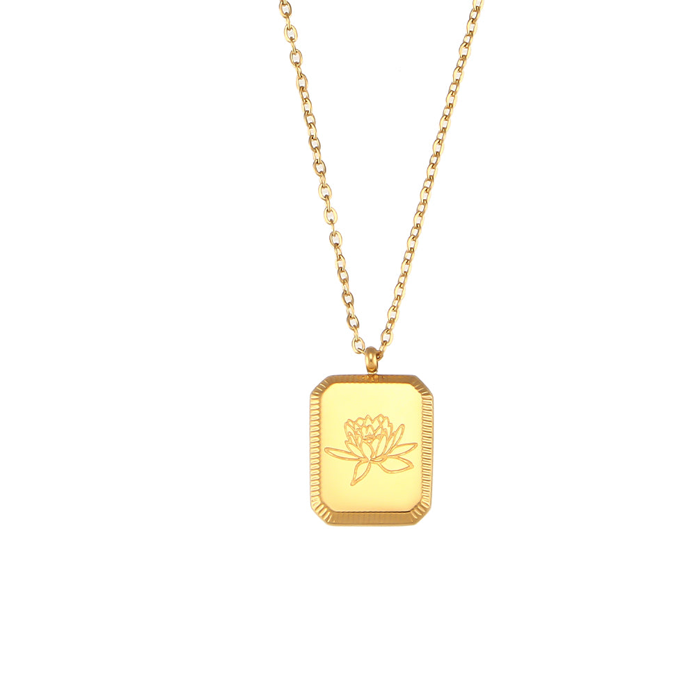 18k Gold Waterproof Stainless Steel Square Flower Birthstone Necklaces