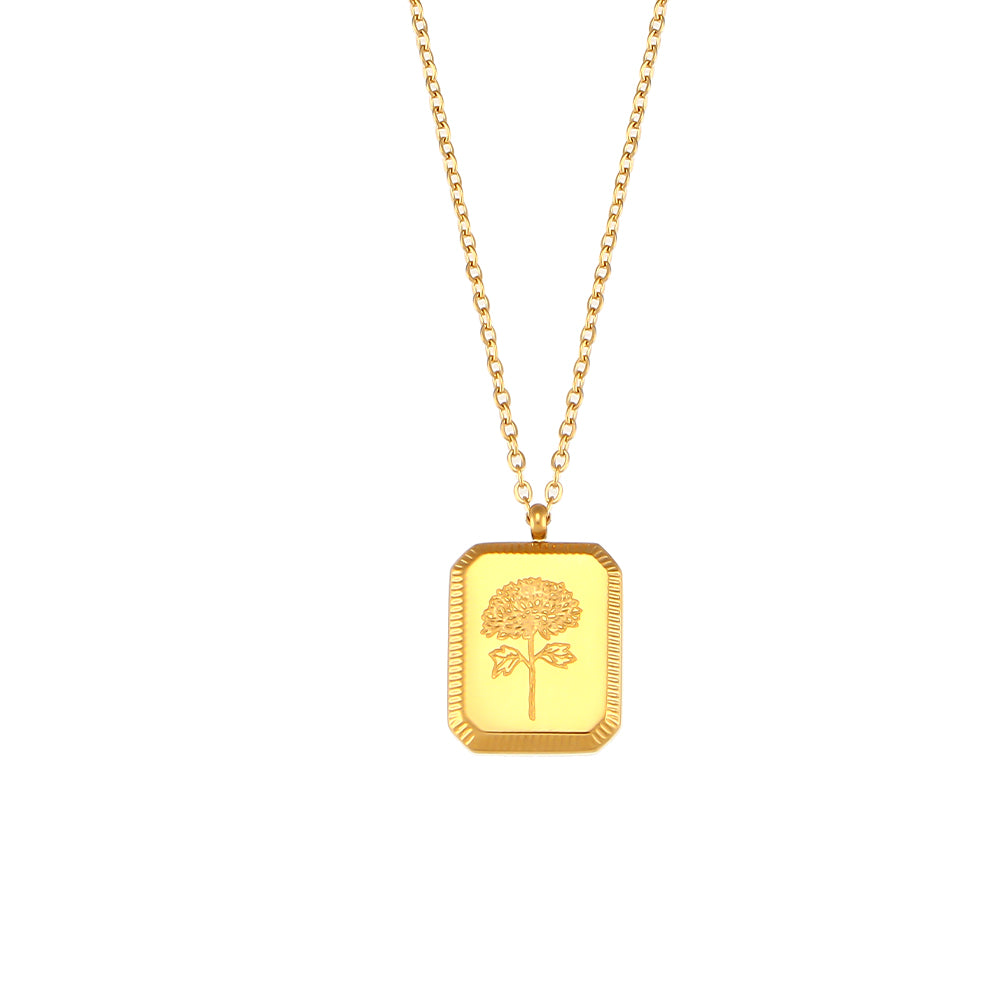 18k Gold Waterproof Stainless Steel Square Flower Birthstone Necklaces