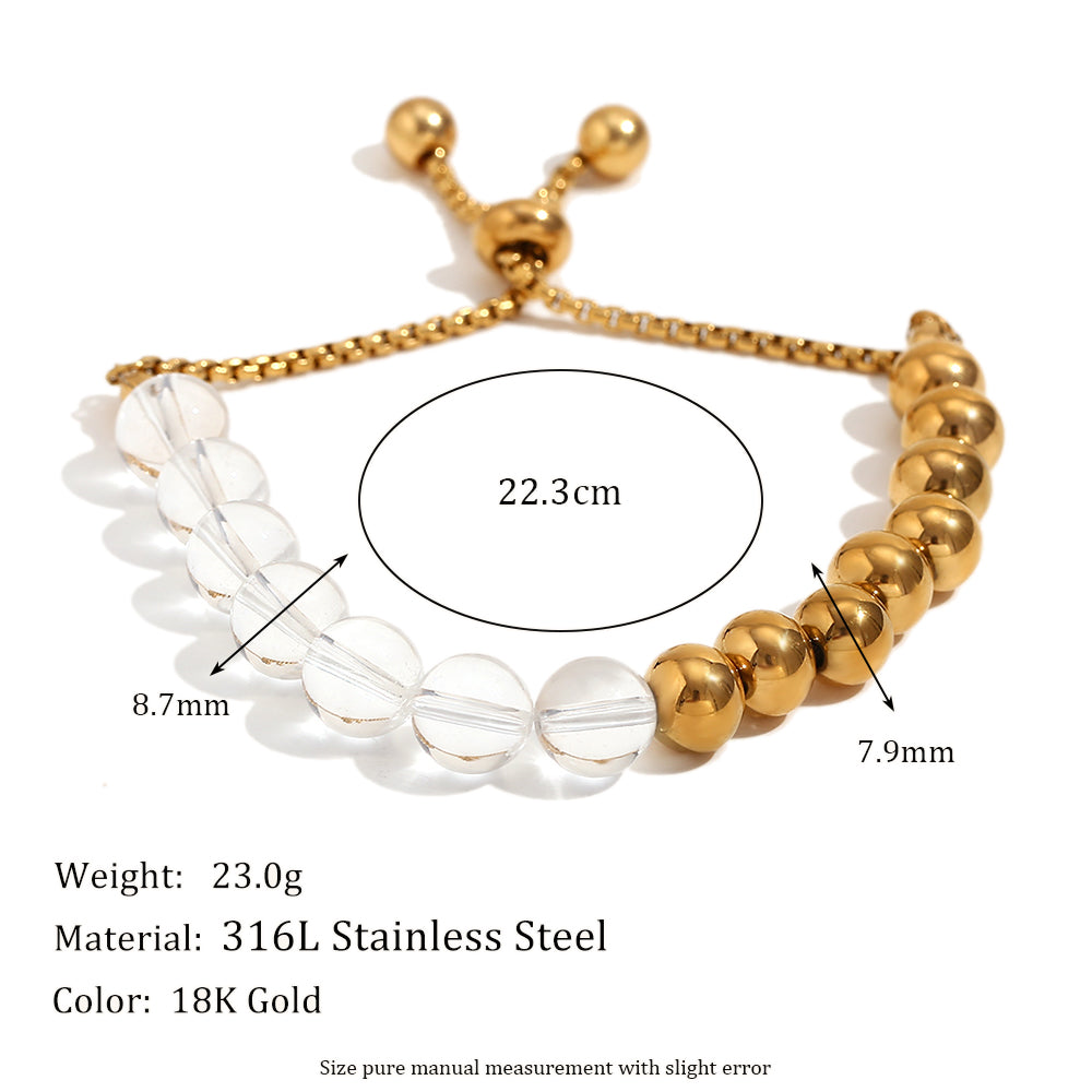 18k Gold Waterproof Clear Acrylic Half Stainless Steel Beads Adjustable Bracelet