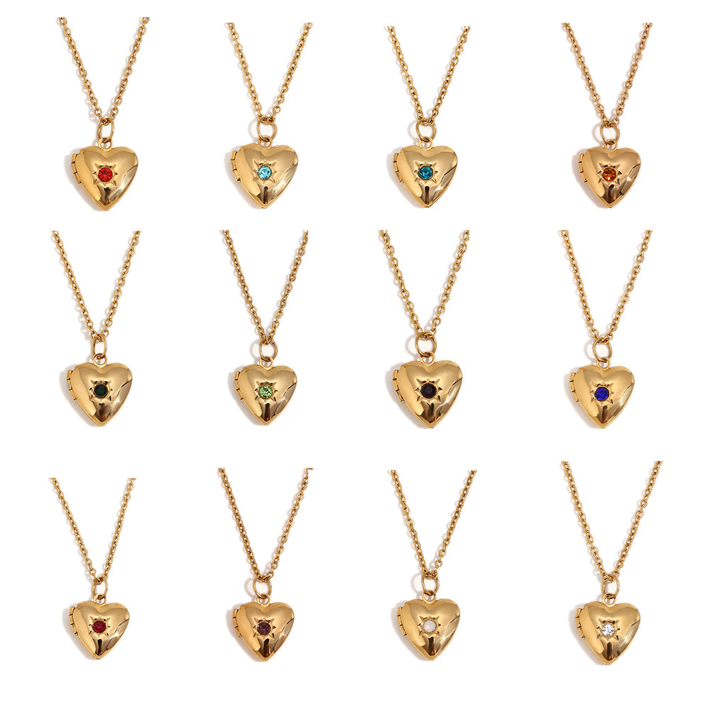 Women's Birth Stone Heart Shape Photo Box Pendant 18k Gold Waterproof Necklace