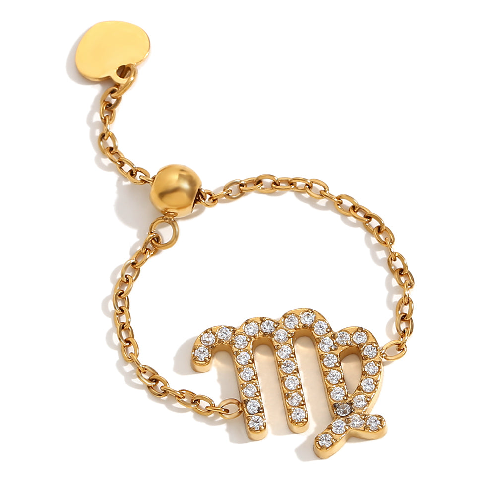 Ladies Waterproof 18k Gold Stainless Steel 12 Constellation Bling Adjustable Zodiac Rings