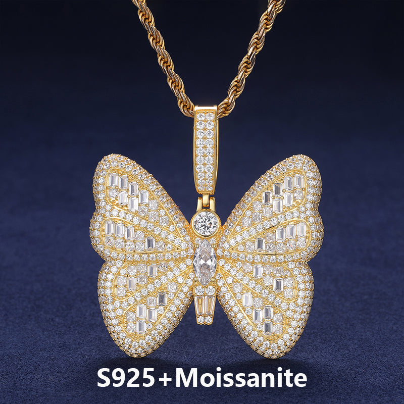 Iced Blinged Out Moissanite Diamond Sterling Silver Butterfly Hip Hop Pendant Necklaces