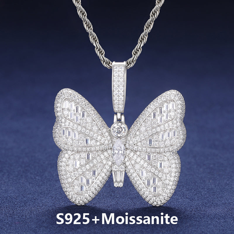 Iced Blinged Out Moissanite Diamond Sterling Silver Butterfly Hip Hop Pendant Necklaces
